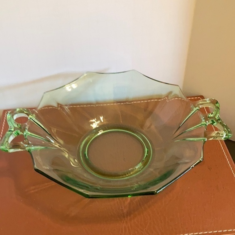 Vintage emerald green depression glass dish with handles